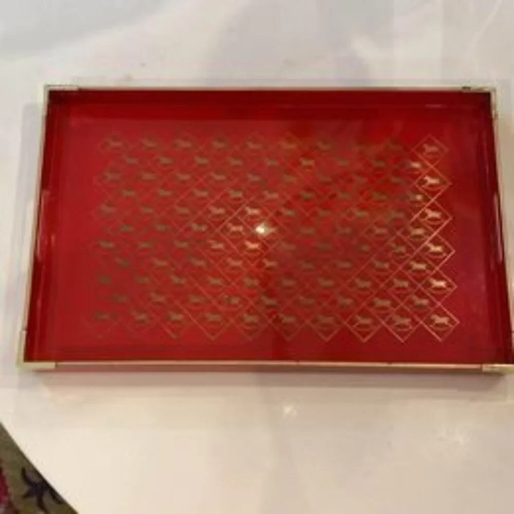 Otagirl Lacquerware Serving Tray.  Red w/Gold‎ Rocking Horses.  Gold Trim